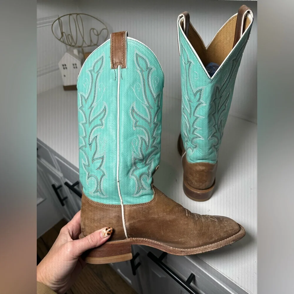 Justin Women’s 8B Cowboy Boots Brown Leather & Turquoise Western Handmade USA - Picture 7 of 9